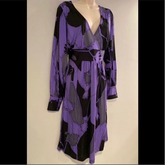 TIBI SILK V-NECK BOLD PRINT PURPLE BLACK DRESS M - Picture 5 of 14